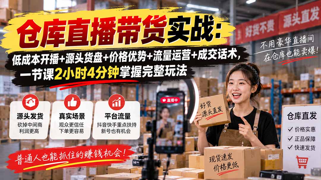 （20471期）仓库直播带货实战：低成本开播+源头货盘+价格优势+流量运营+成交话术，一节课2小时4分钟掌握完整玩法_生财有道创业项目网-生财有道