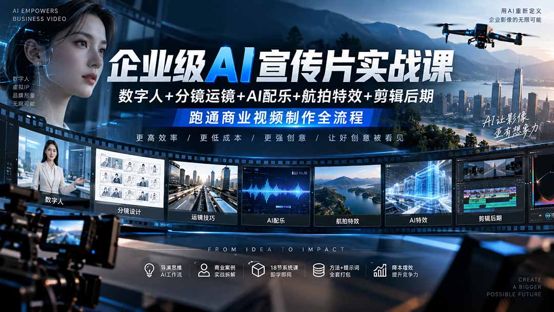 图片[2]-（20548期）企业级AI宣传片实战课｜数字人+分镜运镜+AI配乐+航拍特效+剪辑后期，跑通商业视频制作全流程_生财有道创业项目网-生财有道