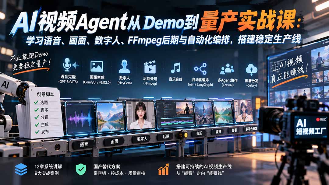 图片[2]-（20451期）AI视频Agent从Demo到量产实战课：学习语音、画面、数字人、FFmpeg后期与自动化编排，搭建稳定生产线_生财有道创业项目网-生财有道