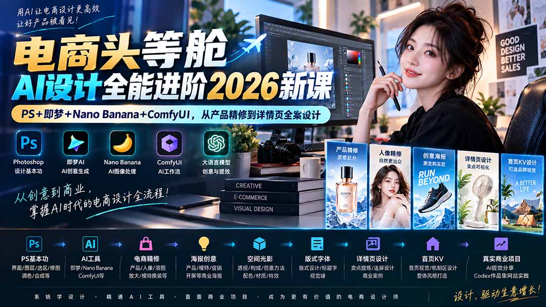 图片[2]-（20284期）电商头等舱AI设计全能进阶2026新课：PS+即梦+Nano Banana+ComfyUI，从产品精修到详情页全案设计_生财有道创业项目网-生财有道
