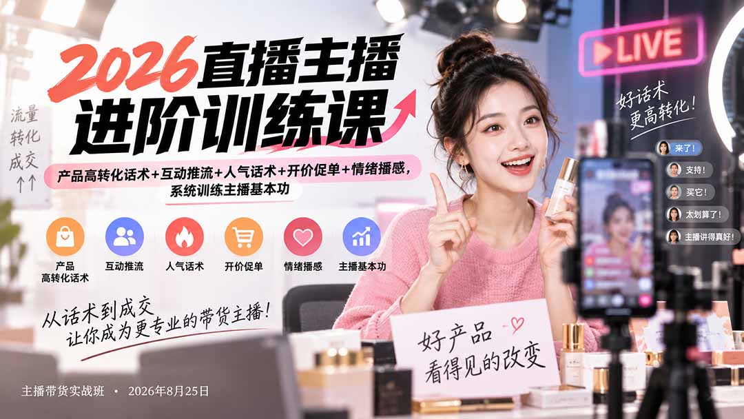 （20408期）2026直播主播进阶训练课：产品高转化话术+互动推流+人气话术+开价促单+情绪播感，系统训练主播基本功_生财有道创业项目网-生财有道