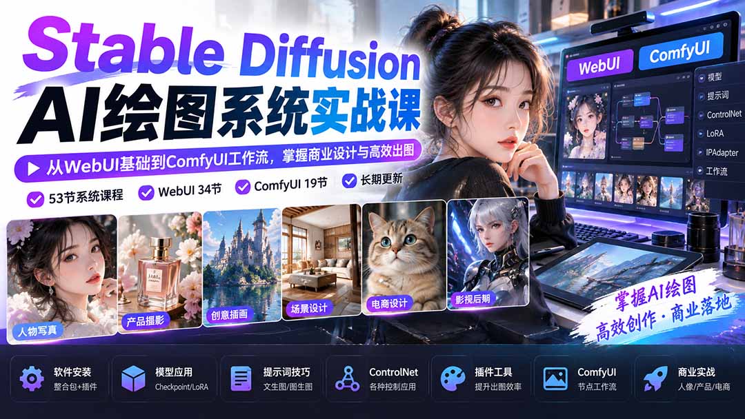 （20678期）Stable Diffusion AI绘图系统实战课：从WebUI基础到ComfyUI工作流，掌握商业设计与高效出图_生财有道创业项目网-生财有道