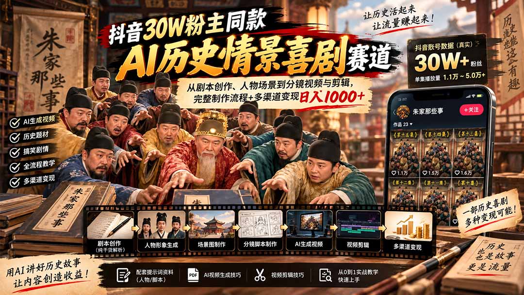 图片[2]-（20614期）抖音30W粉博主同款AI历史情景喜剧赛道：从剧本创作、人物场景到分镜视频与剪辑，完整制作流程+多渠道变现日入1000+_生财有道创业项目网-生财有道