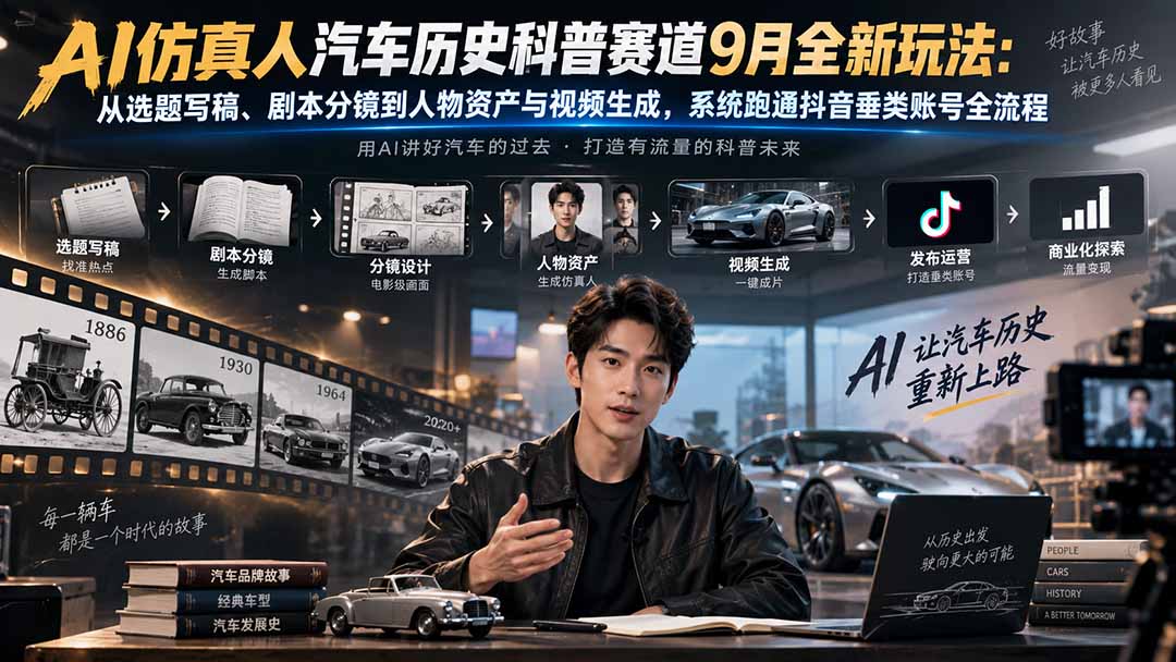 （20413期）AI仿真人汽车历史科普赛道9月全新玩法：从选题写稿、剧本分镜到人物资产与视频生成，系统跑通抖音垂类账号全流程_生财有道创业项目网-生财有道