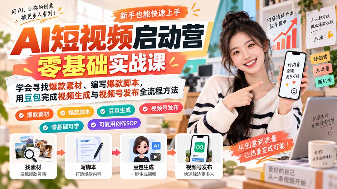 图片[1]-（20328期）AI短视频启动营零基础实战课：学会寻找爆款素材、编写爆款脚本，用豆包完成视频生成与视频号发布全流程方法_生财有道创业项目网-生财有道