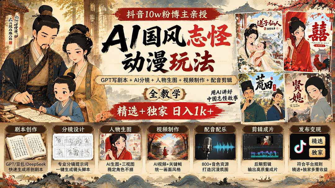 图片[2]-（20538期）抖音10w粉博主亲授AI国风志怪动漫玩法｜GPT写剧本+AI分镜+人物生图+视频制作+配音剪辑全教学｜精选+独家日入1k+_生财有道创业项目网-生财有道