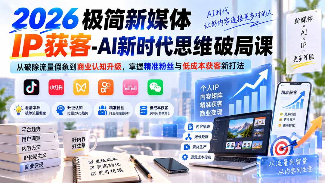 图片[1]-（20272期）2026极简新媒体IP获客-AI新时代思维破局课：从破除流量假象到商业认知升级，掌握精准粉丝与低成本获客新打法_生财有道创业项目网-生财有道
