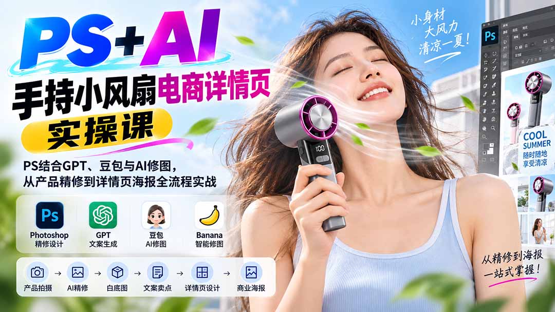 图片[2]-（20273期）PS+AI手持小风扇电商详情页实操课：PS结合GPT、豆包与AI修图，从产品精修到详情页海报全流程实战_生财有道创业项目网-生财有道
