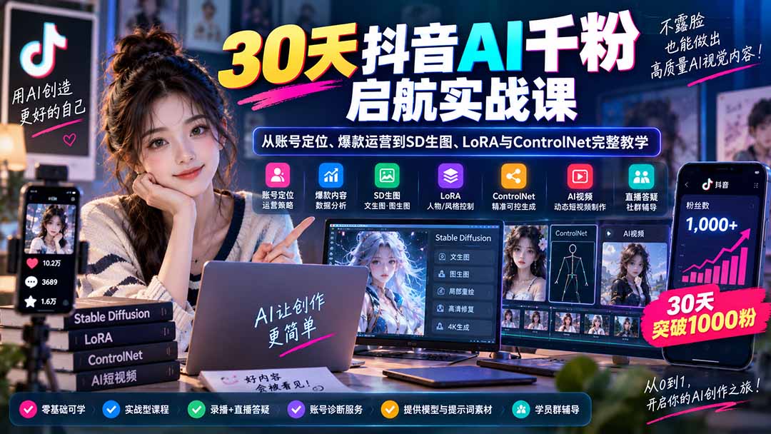 图片[2]-（20291期）30天抖音AI千粉启航实战课：从账号定位、爆款运营到SD生图、LoRA与ControlNet完整教学_生财有道创业项目网-生财有道