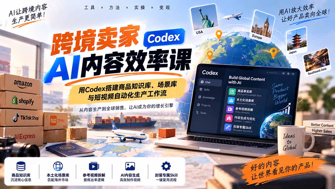 (20595期)跨境卖家AI内容效率课:用Codex搭建商品知识库、场景库与短视频自动化生产工作流_生财有道创业项目网-生财有道