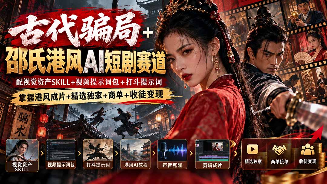 （20684期）古代骗局+邵氏港风AI短剧赛道：配视觉资产SKILL+视频提示词包+打斗提示词，掌握港风成片+精选独家+商单+收徒变现_生财有道创业项目网-生财有道