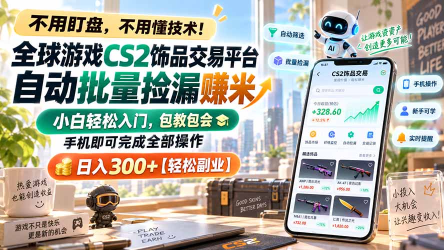 (20455期)全球游戏CS2饰品交易平台自动批量捡漏赚米,小白轻松入门,包教包会,手机即可完成全部操作,日入300+【轻松副业】_生财有道创业项目网-生财有道