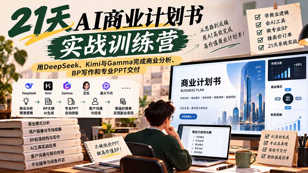 （20637期）【无水印】21天AI商业计划书实战训练营：用DeepSeek、Kimi与Gamma完成商业分析、BP写作和专业PPT交付_生财有道创业项目网-生财有道