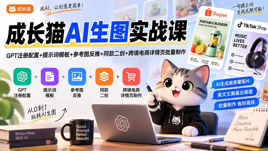 图片[2]-（20482期）成长猫AI生图实战课｜GPT注册配置+提示词模板+参考图反推+同款二创+跨境电商详情页批量制作_生财有道创业项目网-生财有道