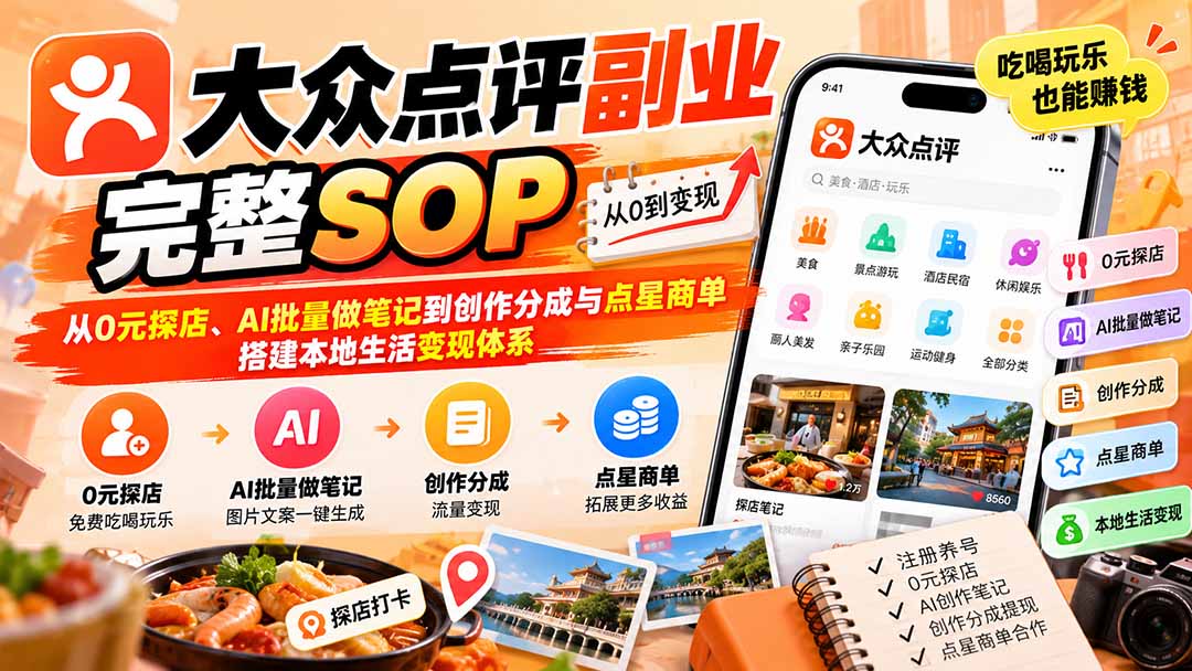 (20638期)【无水印】大众点评副业完整SOP:从0元探店、AI批量做笔记到创作分成与点星商单,搭建本地生活变现体系_生财有道创业项目网-生财有道