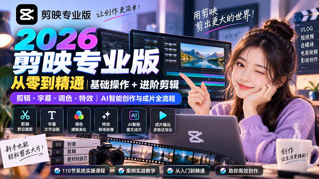 图片[2]-（20276期）2026剪映专业版从零到精通｜基础操作+进阶剪辑｜剪辑·字幕·调色·特效｜AI智能创作与成片全流程_生财有道创业项目网-生财有道