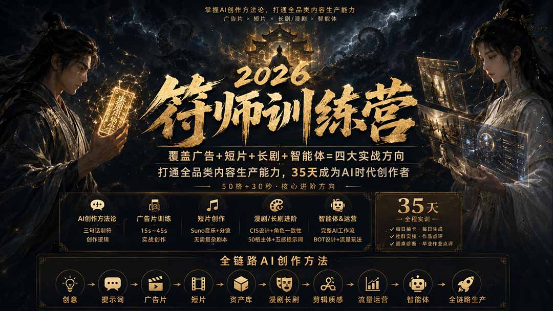 图片[2]-（20186期）符师训练营-35天成为AI时代创作者，广告+短片+漫剧+智能体四大实战方向，掌握从创意到上线的完整工作流_生财有道创业项目网-生财有道