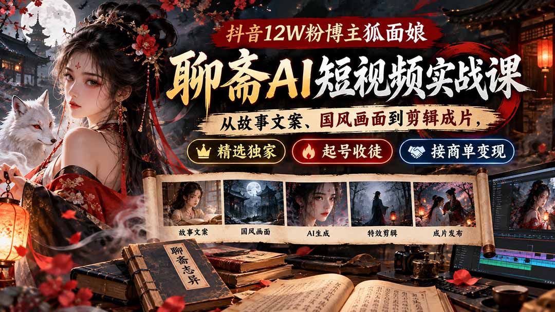 图片[2]-（20639期）抖音12W粉博主狐面娘-聊斋AI短视频实战课：从故事文案、国风画面到剪辑成片，精选独家+起号收徒+接商单变现_生财有道创业项目网-生财有道