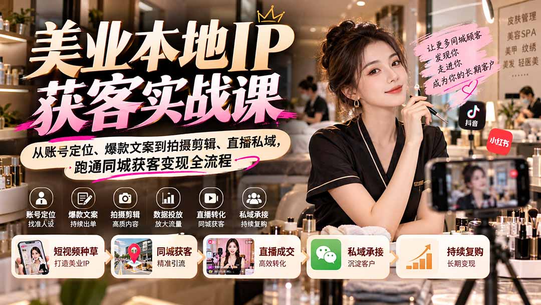 图片[2]-（20640期）【无水印】美业本地IP获客实战课：从账号定位、爆款文案到拍摄剪辑、直播私域，跑通同城获客变现全流程_生财有道创业项目网-生财有道