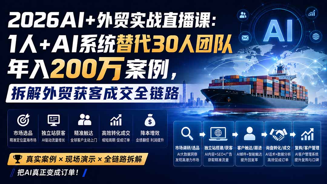 图片[2]-（20196期）2026AI+外贸实战直播课：1人+AI系统替代30人团队年入200万案例，拆解外贸获客成交全链路_生财有道创业项目网-生财有道