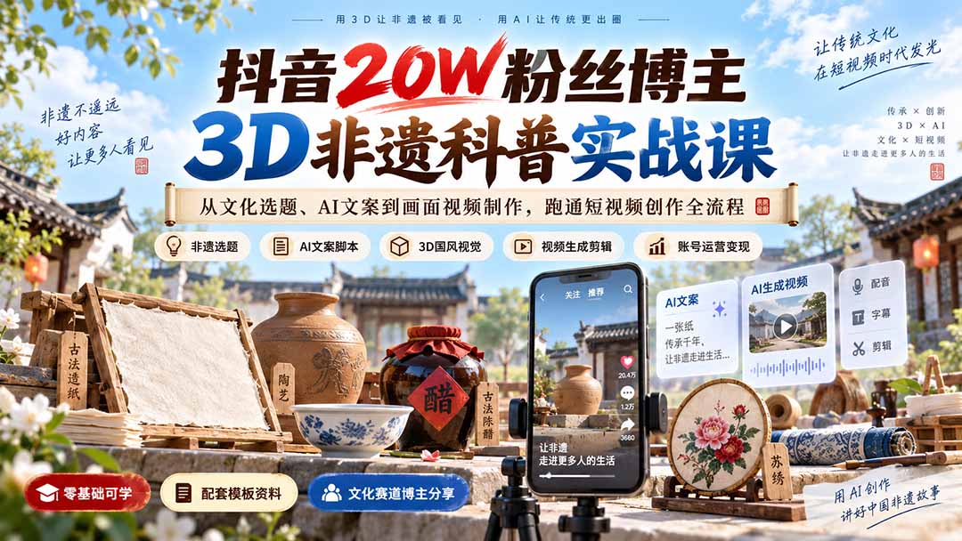 （20356期）抖音20W粉丝博主3D非遗科普实战课：从文化选题、AI文案到画面视频制作，跑通短视频创作全流程_生财有道创业项目网-生财有道