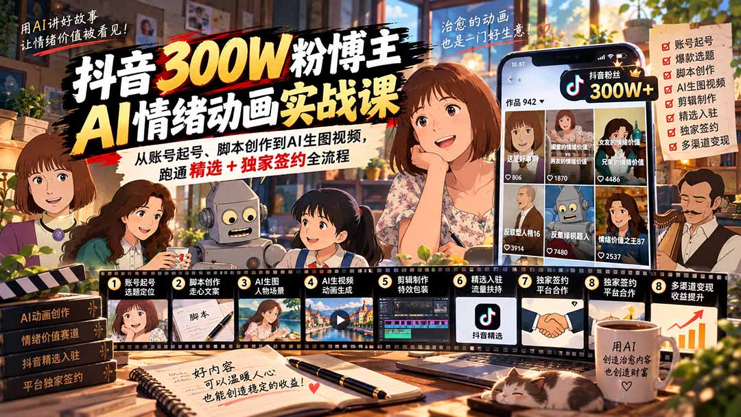 图片[2]-（20616期）抖音300W粉博主AI情绪动画实战课：从账号起号、脚本创作到AI生图视频，跑通精选+独家签约全流程_生财有道创业项目网-生财有道