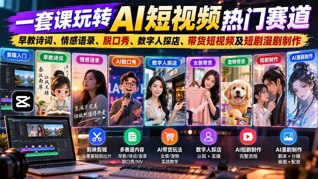 （20965期）一套课玩转AI短视频热门赛道：早教诗词、情感语录、脱口秀、数字人探店、带货短视频及短剧漫剧制作  复制标题_生财有道创业项目网-生财有道
