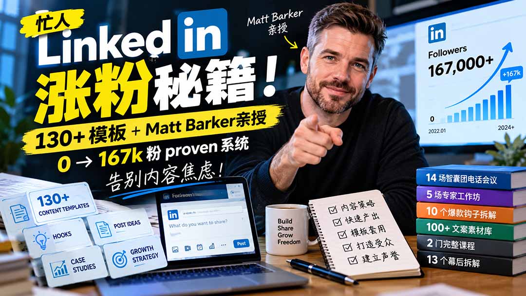 图片[2]-（21216期）【无水印】忙人LinkedI 涨粉秘籍！130+模板+Matt Barker亲授：0→167k粉proven系统，告别内容焦虑【原创双语字幕】_生财有道创业项目网-生财有道