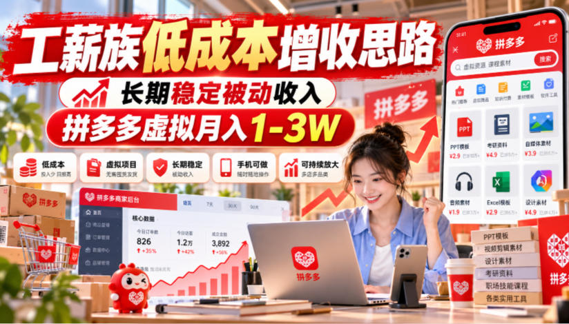 工薪族低成本增收思路，长期稳定被动收入，拼多多虚拟月入1-3W——生财有道创业项目网-生财有道