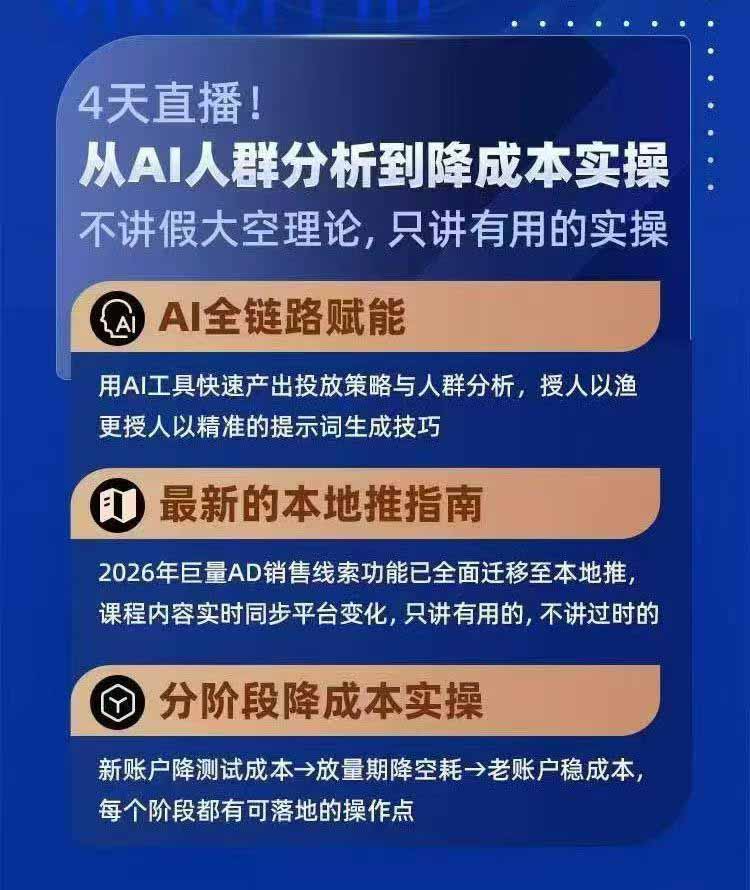 图片[4]-（21003期）2026巨量AD本地推线索获客全流程实战课-33期：AI人群分析、账户搭建、7天测试、分阶段降本与投放优化_生财有道创业项目网-生财有道