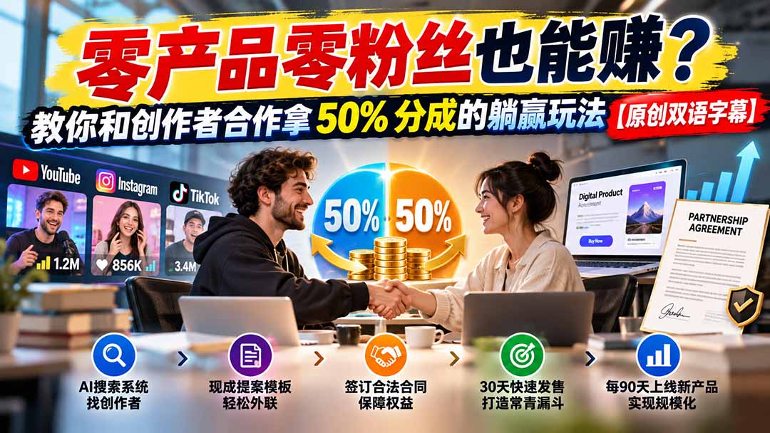 （20957期）零产品零粉丝也能赚？教你和创作者合作拿 50% 分成的躺赢玩法【原创双语字幕】_生财有道创业项目网-生财有道