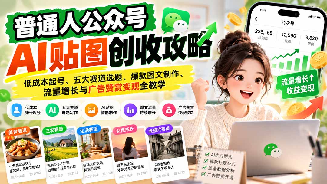 （20972期）普通人公众号AI贴图创收攻略：低成本起号、五大赛道选题、爆款图文制作、流量增长与广告赞赏变现全教学_生财有道创业项目网-生财有道