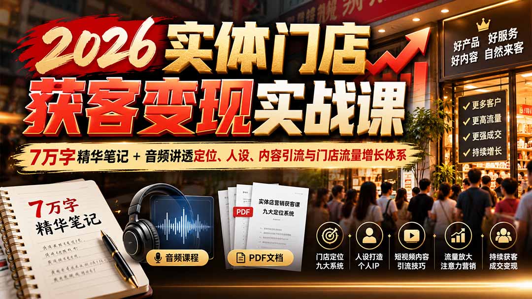（20832期）2026实体门店获客变现实战课：7万字精华笔记+音频讲透定位、人设、内容引流与门店流量增长体系_生财有道创业项目网-生财有道
