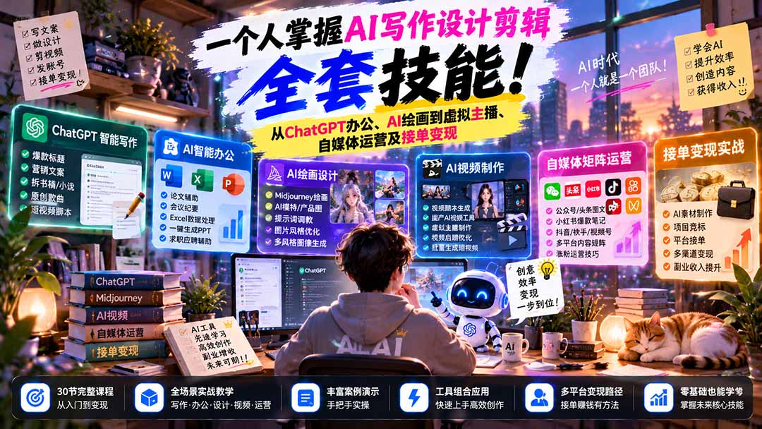 （21029期）一个人掌握AI写作设计剪辑全套技能：从ChatGPT办公、AI绘画到虚拟主播、自媒体运营及接单变现_生财有道创业项目网-生财有道