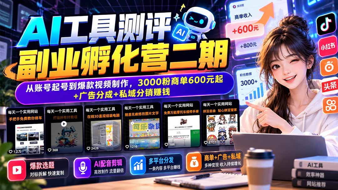 （20800期）AI工具测评副业孵化营二期：从账号起号到爆款视频制作，3000粉商单600元起+广告分成+私域分销赚钱_生财有道创业项目网-生财有道