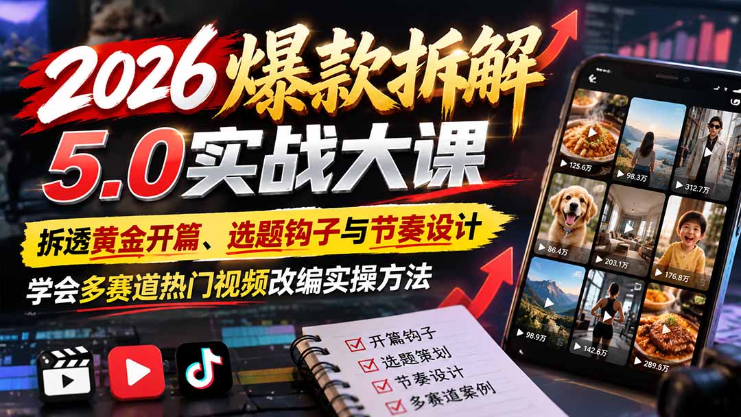 （21110期）2026爆款拆解5.0实战大课：拆透黄金开篇、选题钩子与节奏设计，学会多赛道热门视频改编实操方法_生财有道创业项目网-生财有道