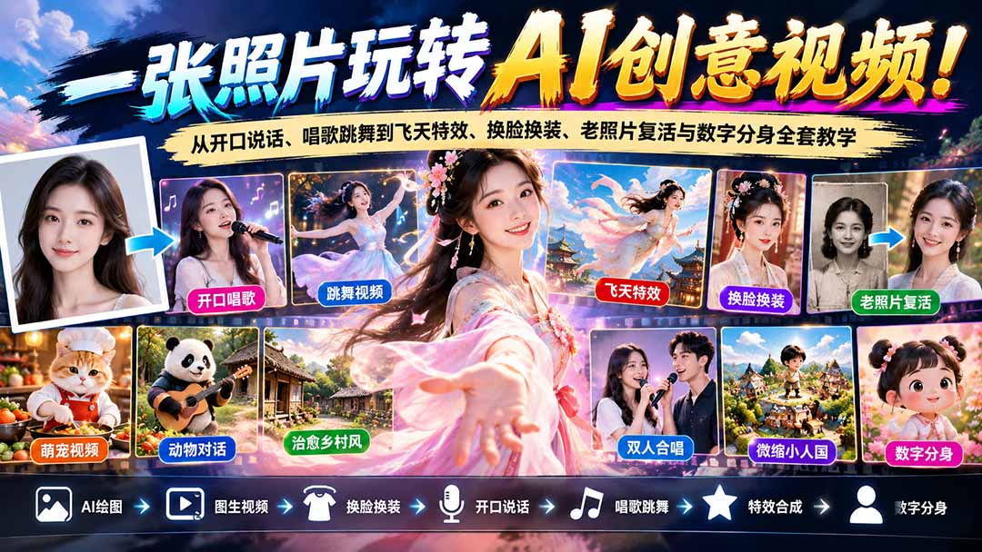 图片[2]-（21202期）一张照片玩转AI创意视频！从开口说话、唱歌跳舞到飞天特效、换脸换装、老照片复活与数字分身全套教学_生财有道创业项目网-生财有道