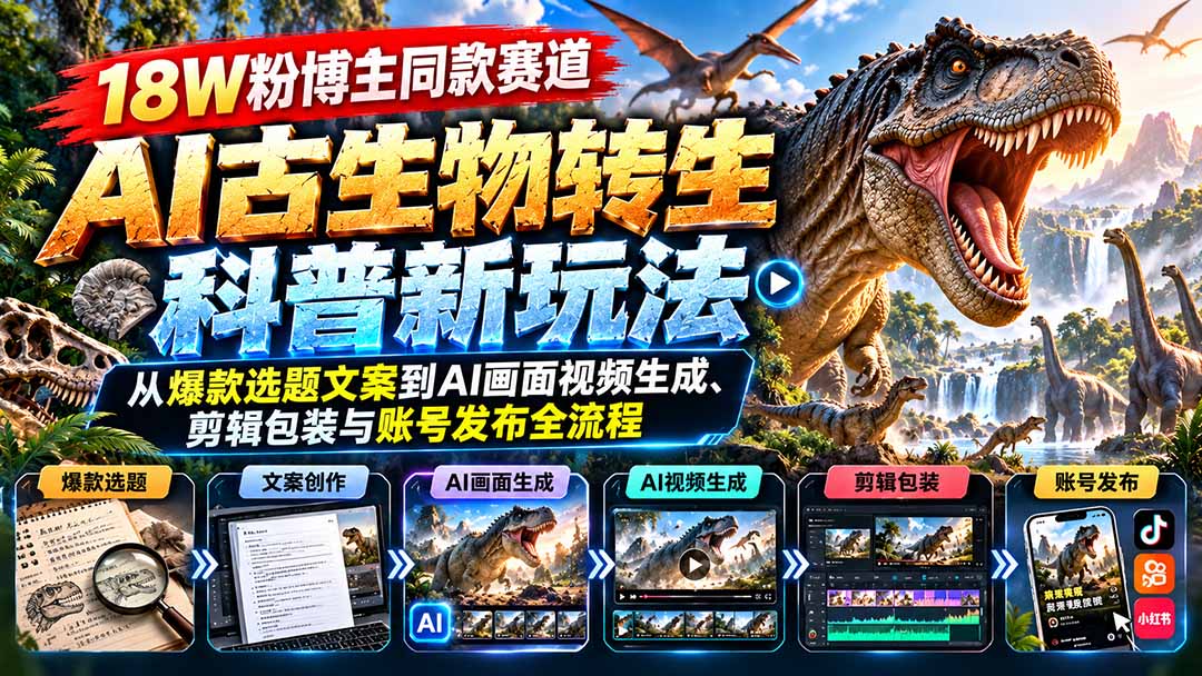 图片[2]-（20833期）18W粉博主同款赛道-AI古生物转生科普新玩法：从爆款选题文案到AI画面视频生成、剪辑包装与账号发布全流程_生财有道创业项目网-生财有道