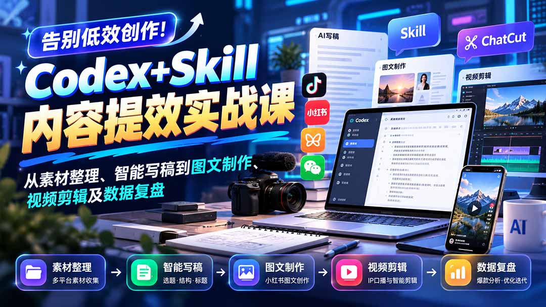 图片[2]-（20915期）【无水印】告别低效创作！Codex+Skill内容提效实战课：从素材整理、智能写稿到图文制作、视频剪辑及数据复盘_生财有道创业项目网-生财有道