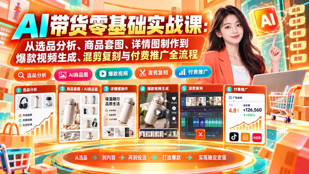 图片[2]-（20856期）AI带货零基础实战课：从选品分析、商品套图、详情图制作到爆款视频生成、混剪复刻与付费推广全流程_生财有道创业项目网-生财有道