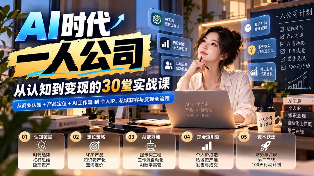 图片[1]-（20847期）【无水印】AI时代一人公司30堂实战课：从商业认知+产品定位+AI工作流到个人IP、私域获客与变现全流程_生财有道创业项目网-生财有道
