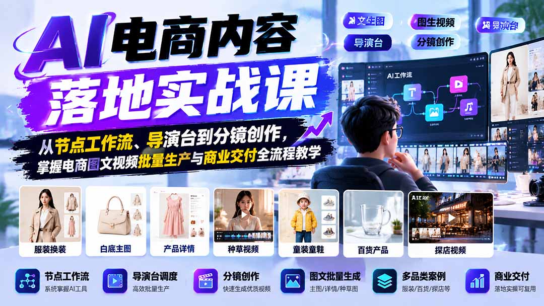 图片[1]-（21136期）AI电商内容落地实战课：从节点工作流、导演台到分镜创作，掌握电商图文视频批量生产与商业交付全流程教学_生财有道创业项目网-生财有道