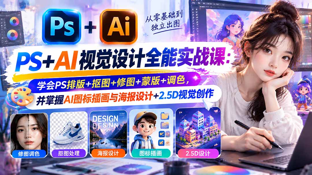 图片[2]-（20749期）【无水印】PS+AI视觉设计全能实战课：学会PS排版+抠图+修图+蒙版+调色，并掌握AI图标插画与海报设计+2.5D视觉创作_生财有道创业项目网-生财有道