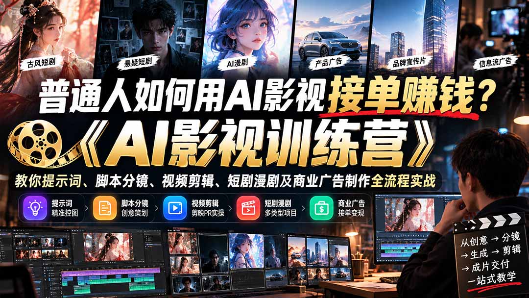 图片[2]-（21230期）普通人如何用AI影视接单赚钱？《AI影视训练营》教你提示词、脚本分镜、视频剪辑、短剧漫剧及商业广告制作全流程实战_生财有道创业项目网-生财有道