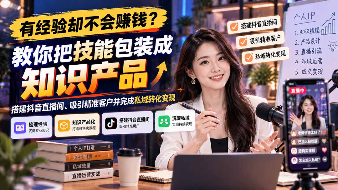 （21268期）有经验却不会赚钱？教你把技能包装成知识产品，搭建抖音直播间、吸引精准客户并完成私域转化变现_生财有道创业项目网-生财有道