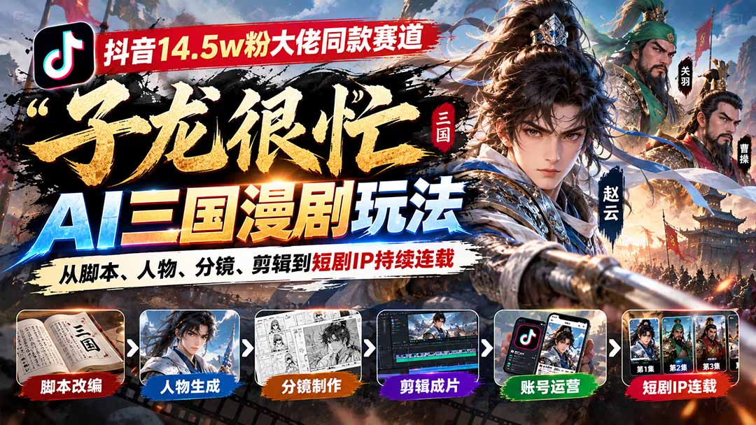 (20818期)抖音14.5w粉大佬同款赛道「子龙很忙」AI三国漫剧玩法:从脚本、人物、分镜、剪辑到短剧IP持续连载_生财有道创业项目网-生财有道
