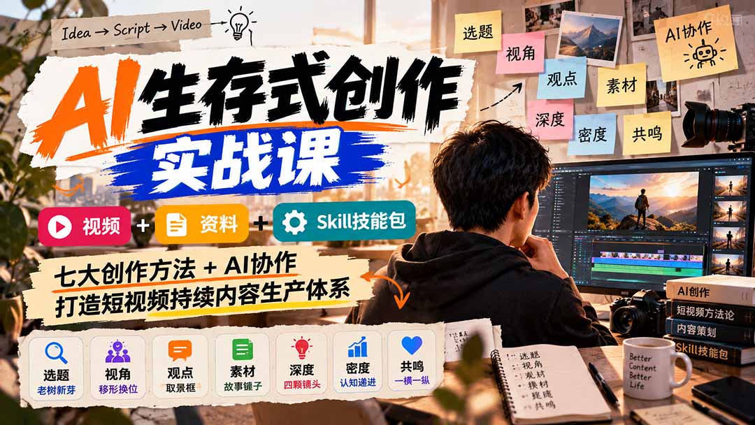 图片[2]-（21081期）AI生存式创作实战课：视频+资料+Skill技能包，七大创作方法+AI协作，打造短视频持续内容生产体系_生财有道创业项目网-生财有道