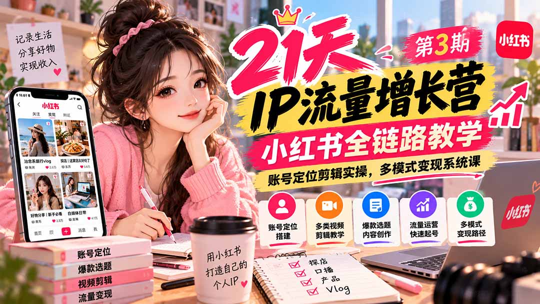 图片[2]-（20992期）【无水印】21天IP流量增长营-第3期，小红书全链路教学，账号定位剪辑实操，多模式变现系统课_生财有道创业项目网-生财有道