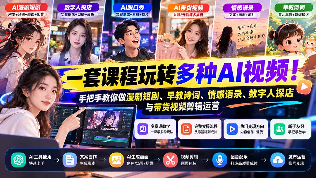 （21271期）【无水印】一套课程玩转多种AI视频！手把手教你做漫剧短剧、早教诗词、情感语录、数字人探店与带货视频剪辑运营_生财有道创业项目网-生财有道