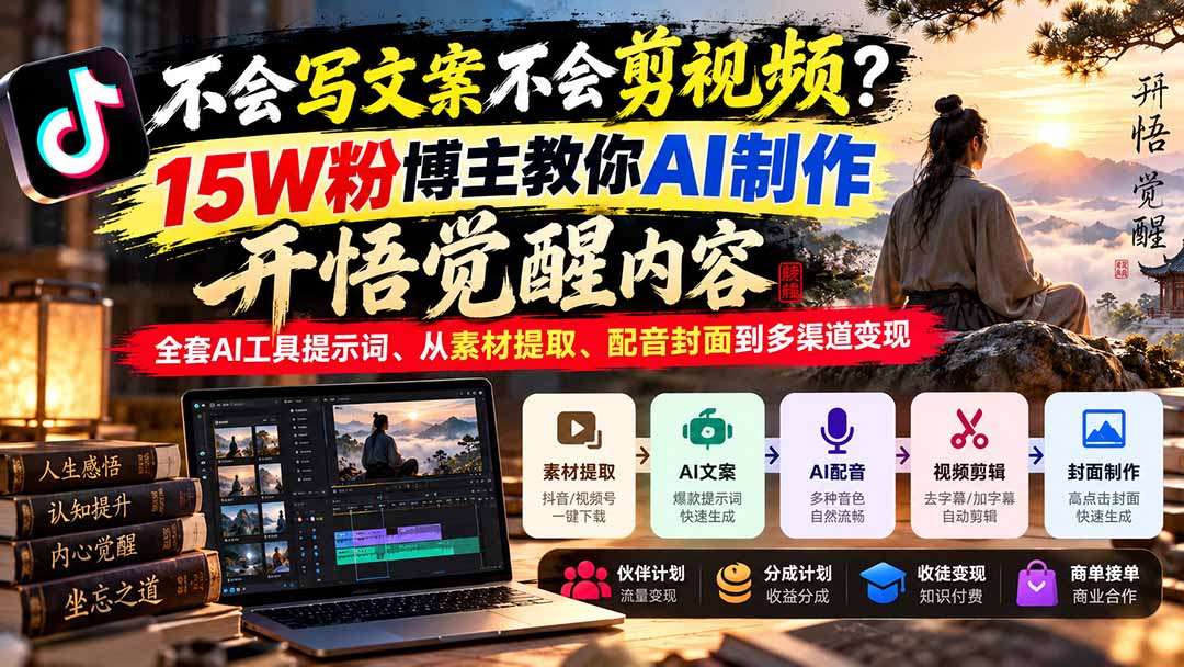 图片[2]-（21085期）不会写文案不会剪视频？15W粉博主教你AI制作开悟觉醒内容，全套AI工具提示词、从素材提取、配音封面到多渠道变现_生财有道创业项目网-生财有道